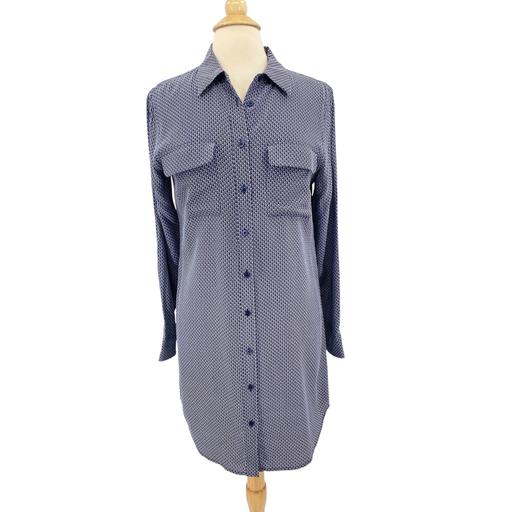 Equipment Silk Shirt Dress size M Blue‎ Print Long Sleeve Collared